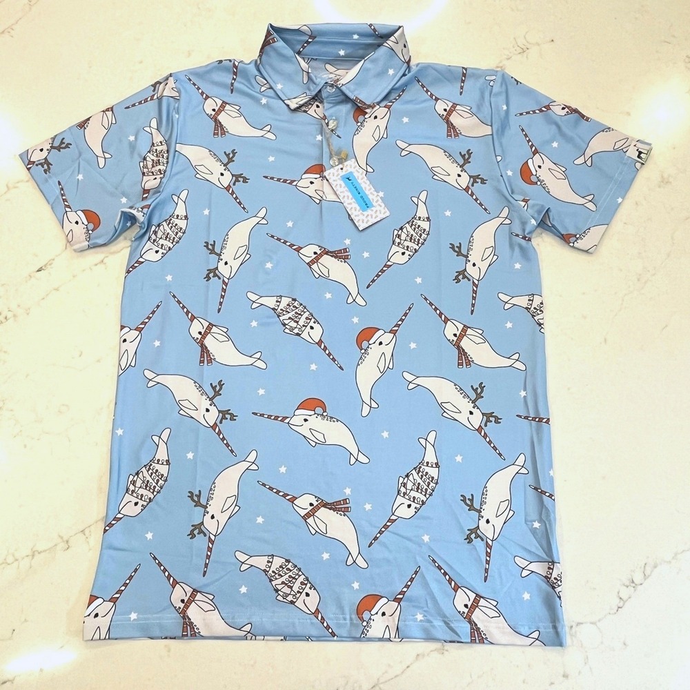 Proud 90 NEW Golf Polo Mens Small Blue Christmas Narwhal Holiday Party Shirt